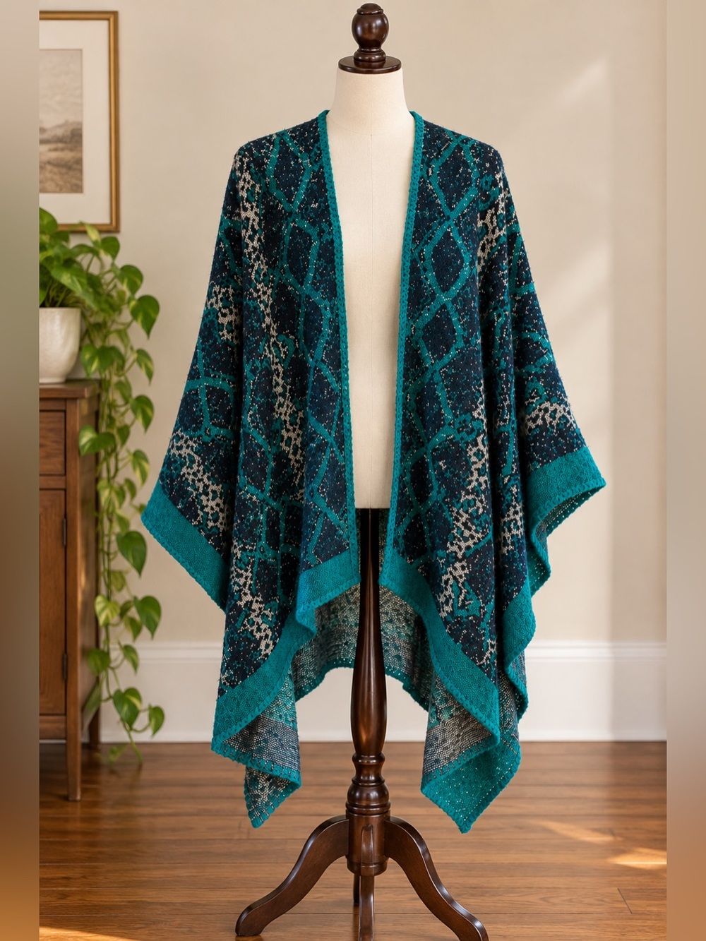 Lulla Collection Bindya Teal Geometric Knit Poncho Cardigan Boho Chic